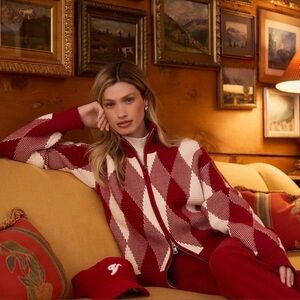 Varley Karina Argyle Jacquard Knit Zip Cardigan. Red and White.